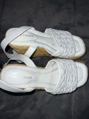 Marc Fisher White Woven Espadrille Wedge Sandals